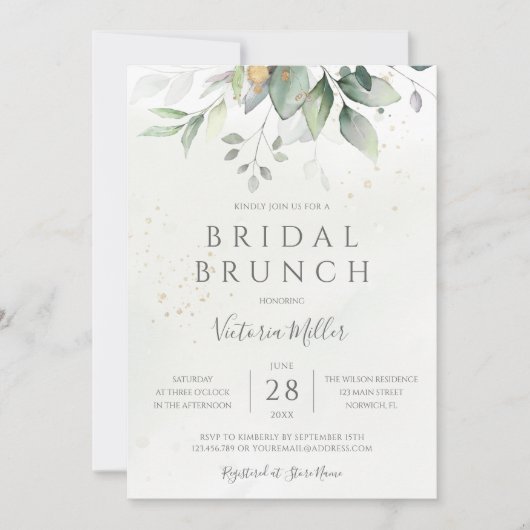 Eukalyptus Greenery Gold Blätter Bridal Brunch Einladung (Vorderseite)