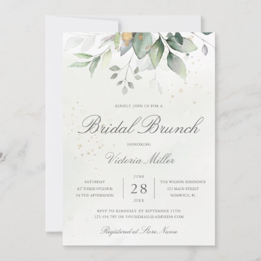 Eukalyptus Greenery Gold Blätter Bridal Brunch Einladung (Vorderseite)