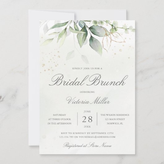 Eukalyptus Greenery Gold Blätter Bridal Brunch Einladung (Vorderseite)