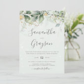 Eukalyptus Greenery Gold Blätter Elegante Hochzeit Einladung (Stehend Vorderseite)