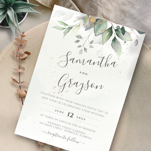 Eukalyptus Greenery Gold Blätter Elegante Hochzeit Einladung