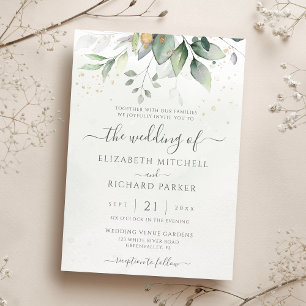Eukalyptus Greenery Gold Blätter Elegante Hochzeit Einladung