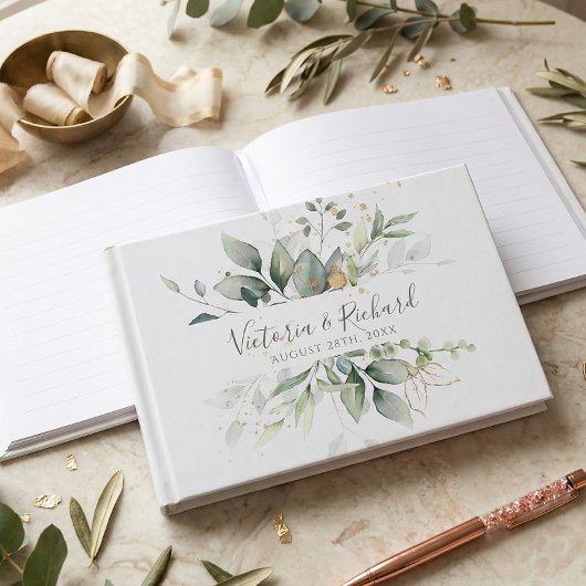 Eukalyptus Greenery Gold Blätter Elegante Hochzeit Gästebuch