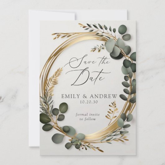 Eukalyptus Greenery Gold Blätter Script Wedding Save The Date (Vorderseite)