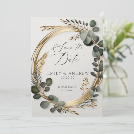 Eukalyptus Greenery Gold Blätter Script Wedding Save The Date (Stehend Vorderseite)