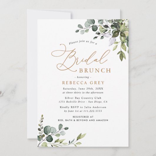 Eukalyptus Greenery Gold Bridal Brunch Einladung (Vorderseite)