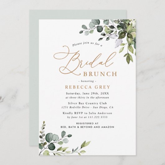 Eukalyptus Greenery Gold Bridal Brunch Einladung (Vorne/Hinten)