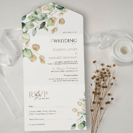 Eukalyptus Greenery & Gold Chic Wedding All In One Einladung