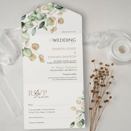 Eukalyptus Greenery & Gold Chic Wedding All In One Einladung