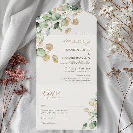 Eukalyptus Greenery & Gold Chic Wedding All In One Einladung