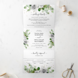 Eukalyptus Greenery & Gold Classic Wedding Tri-Fol Dreifach Gefaltete Einladung
