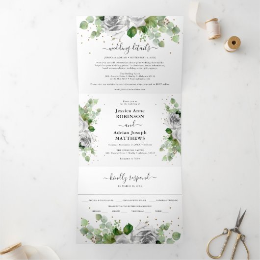 Eukalyptus Greenery & Gold Classic Wedding Tri-Fol Dreifach Gefaltete Einladung (Innenseite)