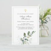 Eukalyptus Greenery Gold Cross Taufen Einladung (Stehend Vorderseite)