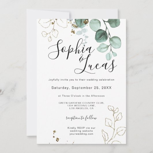 Eukalyptus Greenery Gold Elegante Foliage Wedding Einladung (Vorderseite)