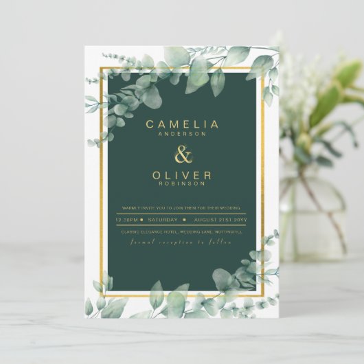 Eukalyptus Greenery Gold Emerald Wedding QR CODE Einladung (Stehend Vorderseite)