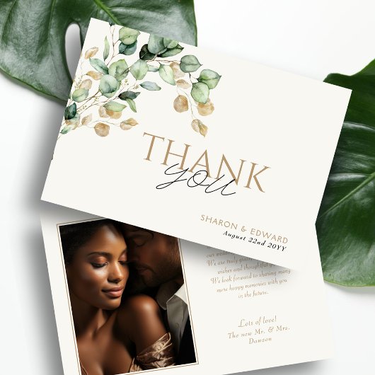 Eukalyptus Greenery & Gold Foto Hochzeit Dankeskarte