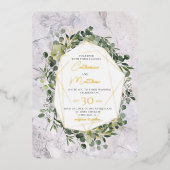 Eukalyptus Greenery Gold Frame Marmor Wedding Folieneinladung (Vorderseite)