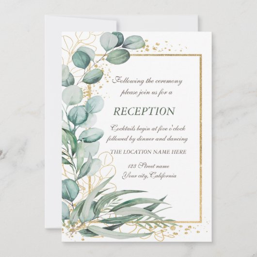 Eukalyptus Greenery Gold Frame Wedding Reception Einladung (Vorderseite)