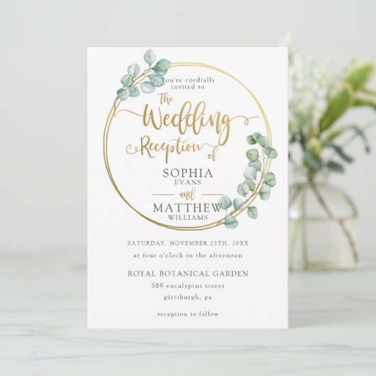 Eukalyptus Greenery Gold Frame Wedding Reception Einladung (Stehend Vorderseite)