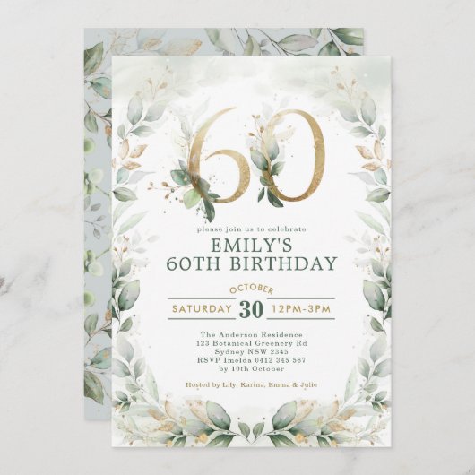 Eukalyptus Greenery Gold Garden 60. Geburtstag Einladung (Vorne/Hinten)