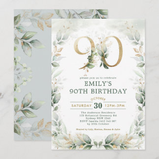 Eukalyptus Greenery Gold Garden 90. Geburtstag Einladung