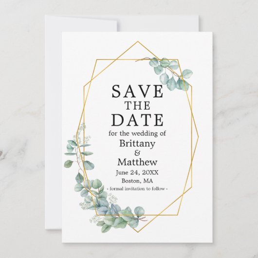 Eukalyptus Greenery Gold Geo Frame Save The Date (Vorderseite)