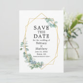 Eukalyptus Greenery Gold Geo Frame Save The Date (Stehend Vorderseite)