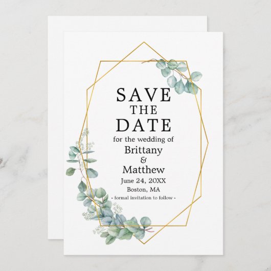 Eukalyptus Greenery Gold Geo Frame Save The Date (Vorne/Hinten)