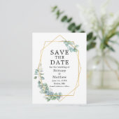 Eukalyptus Greenery Gold Geo Frame Save the Date Postkarte (Stehend Vorderseite)