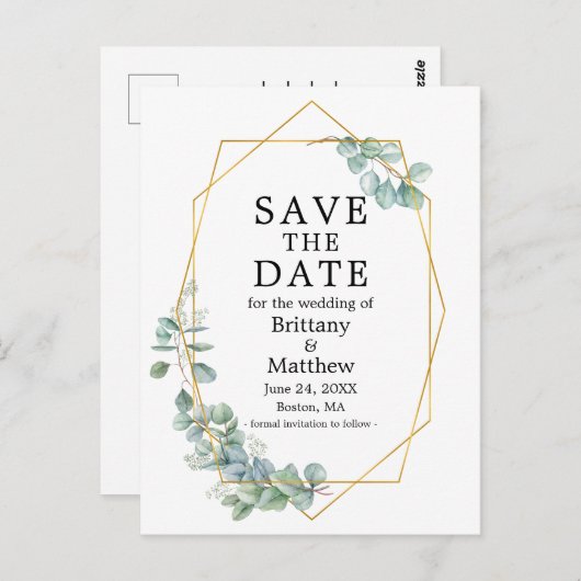 Eukalyptus Greenery Gold Geo Frame Save the Date Postkarte (Vorne/Hinten)