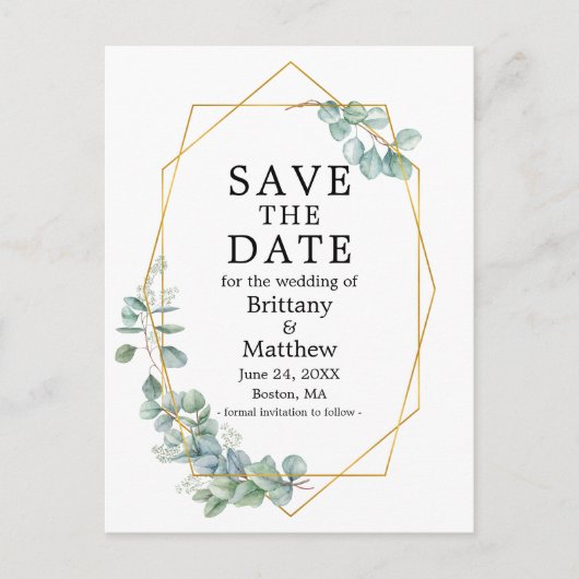 Eukalyptus Greenery Gold Geo Frame Save the Date Postkarte (Vorderseite)