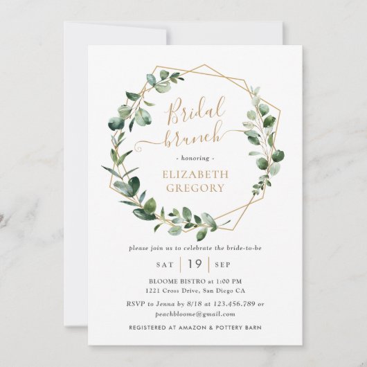 Eukalyptus Greenery Gold Geometric Bridal Brunch Einladung (Vorderseite)