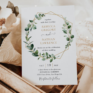 Eukalyptus Greenery Gold Geometric Frame Wedding Einladung