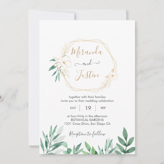 Eukalyptus Greenery Gold Geometric Frame Wedding Einladung (Vorderseite)