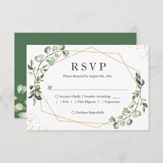 Eukalyptus Greenery Gold Geometric Frame Wedding RSVP Karte (Vorne/Hinten)