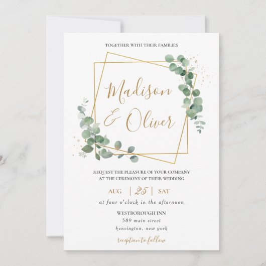 Eukalyptus Greenery Gold Geometric Modern Wedding Einladung (Vorderseite)
