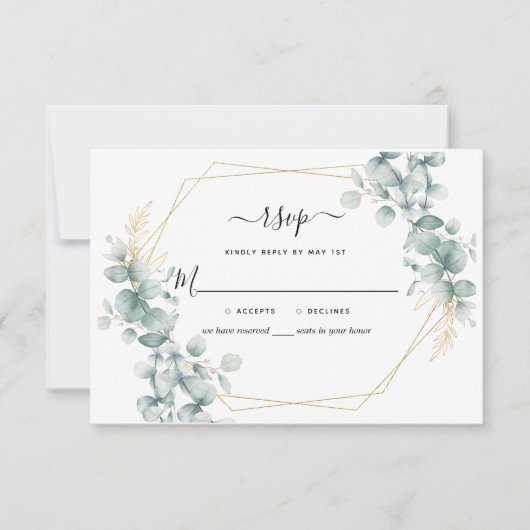 Eukalyptus Greenery Gold Geometric Rustic Wedding RSVP Karte (Vorderseite)