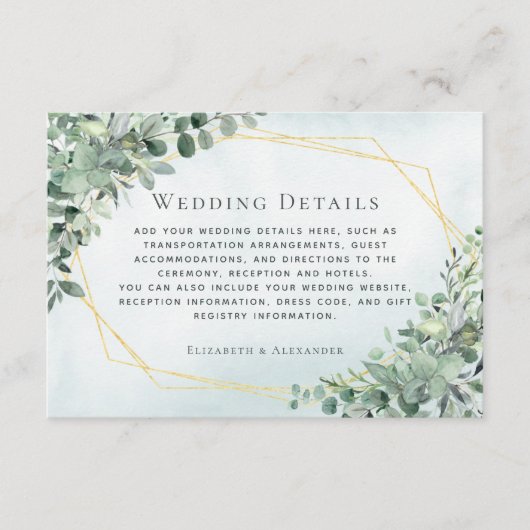 Eukalyptus Greenery Gold Geometric Wedding Details Begleitkarte (Vorderseite)