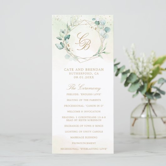 Eukalyptus Greenery Gold Geometric Wedding Programm (Stehend Vorderseite)