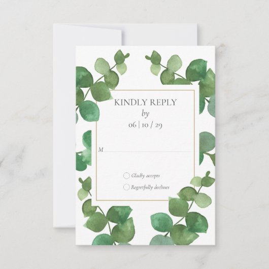 Eukalyptus Greenery Gold Geometric Wedding RSVP Karte (Vorderseite)