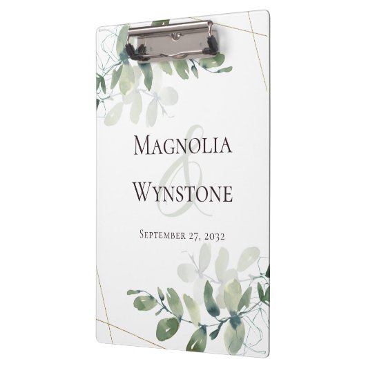 Eukalyptus Greenery Gold Glitzer Wedding Monogram Klemmbrett (Links)