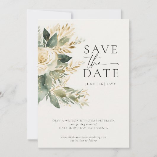 Eukalyptus Greenery Gold Green Elegante Hochzeit Save The Date (Vorderseite)