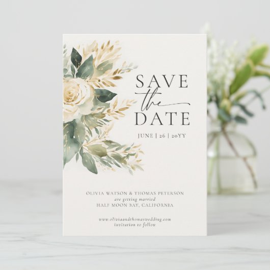 Eukalyptus Greenery Gold Green Elegante Hochzeit Save The Date (Stehend Vorderseite)