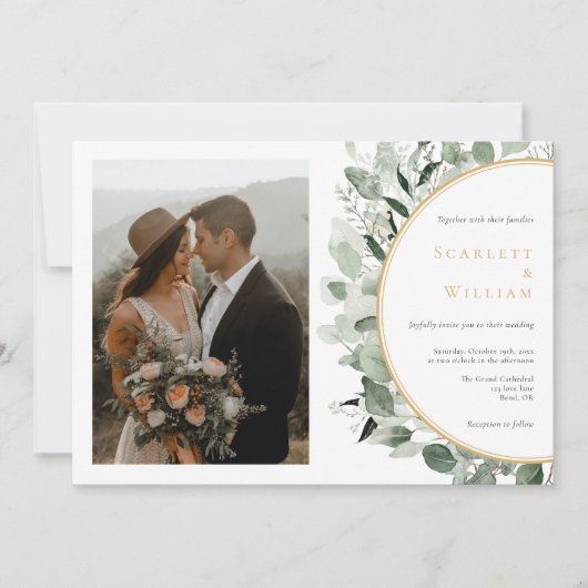 Eukalyptus Greenery Gold Horizontal Foto Wedding Einladung (Vorderseite)
