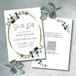 Eukalyptus Greenery Gold Metallic Save the Date<br><div class="desc">Eukalyptus Gold Metallische Hochzeit Speichern Sie das Datum Einladung.. Unsere luxuriöse botanische Save the Date-Karte verfügt über einen ovalen goldgelben Rahmen aus Metall, der mit staubigen grünen und smaragdfarbenen Eukalyptus-Blätter geschmückt ist und einen natürlichen Rahmen für den Ankündigungstext im Inneren schafft. Die Rückseite der Karte enthält Ihre Hochzeitswebsite-Informationen und eine...</div>