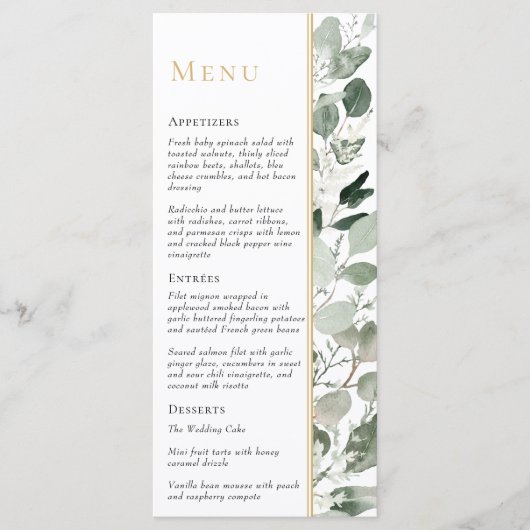 Eukalyptus Greenery Gold Modern Sage Green Wedding Menükarte (Vorderseite)