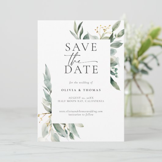 Eukalyptus Greenery Gold Moderne Kunst, Dichtung u Save The Date (Stehend Vorderseite)