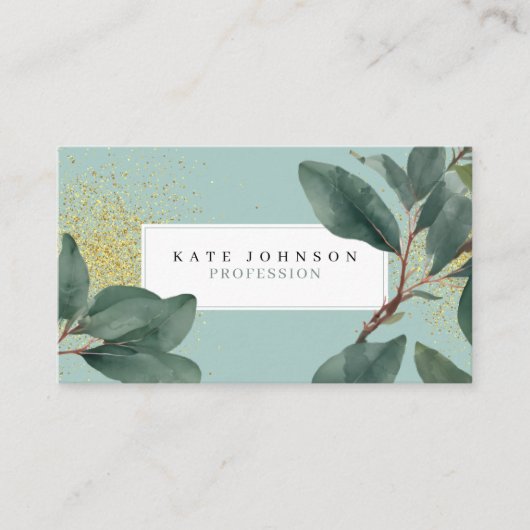 Eukalyptus Greenery & Gold QR Code Visitenkarte (Vorderseite)