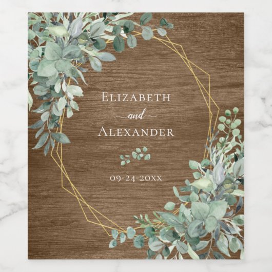 Eukalyptus Greenery Gold Rustic Wood Wedding Weinetikett (Einzelnes Label)