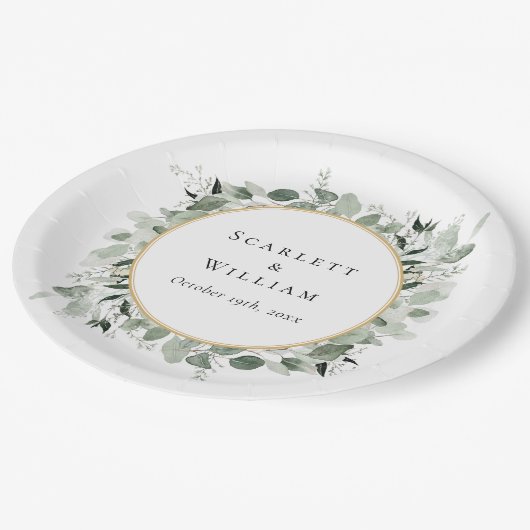 Eukalyptus Greenery Gold Sage Green Wedding Pappteller (Schrägansicht)